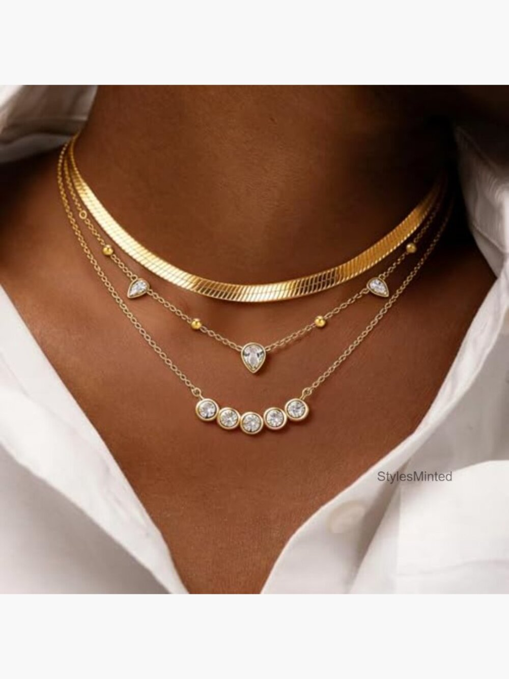 Layered Gold Necklace Set - Stacking Choker, Teardrop Station Chain, Pendant, - Picture 2 of 7